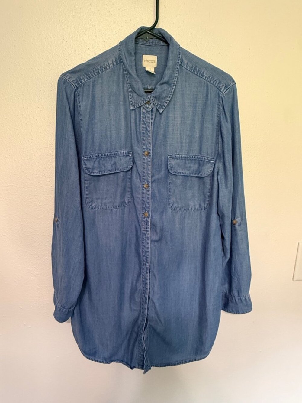 Chico's Shirtdress Tencel Chambray Pockets Roll Tab Sleeves Womans 2-L